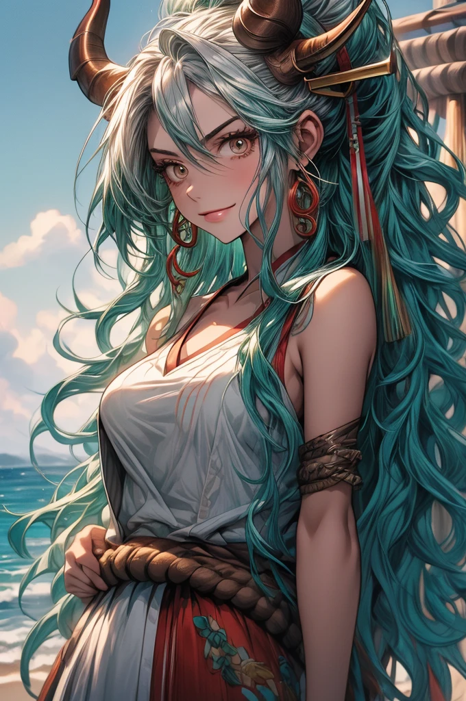 yamato, aqua hair, (brown eyes:1.5), curled horns, earrings, green hair, white hair, hair ornament, hair stick, high ponytail, horns, long hair, multicolored hair, multicolored horns, oni, red horns, shimenawa, sidelocks, v-shaped eyebrows, very long hair, best quality, masterpiece, 4k, absurd res, UHD, ultra-detailed, detailed eyes, detailed skin, detailed hair, detailed face, detailed fabric, (1 young beautiful girl, solo:1.1), (multicolored hair, long hair, white hair, aqua hair, two-tone hair, high ponytail, hair stick, hair ornament), (natural big breasts:1.2), (sideboob:1.2), (bare arms, bare shoulders, hakama, japanese clothes, rope, shimenawa, sideboob, sleeveless, sleeveless kimono), earrings, jewelry, (big eyes, brown eyes), collarbone, medium body ((hourglass shape)), sexy pose, smile, beach background, cowboy shot