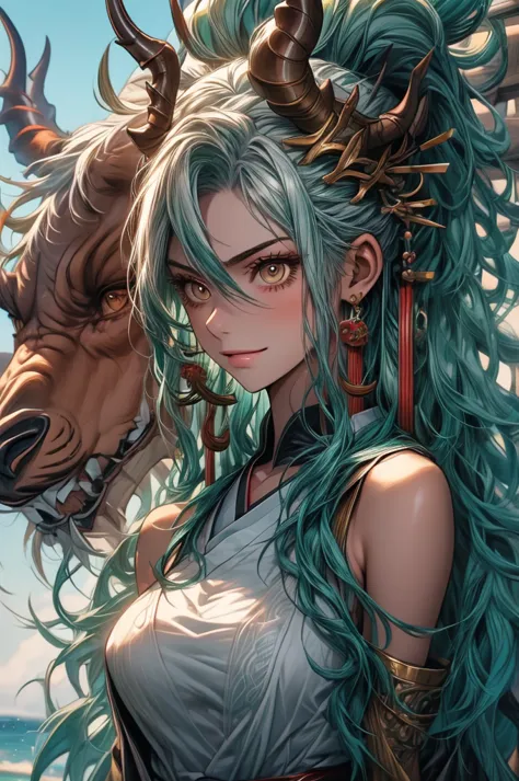 yamato, aqua hair, (brown eyes:1.5), curled horns, earrings, green hair, white hair, hair ornament, hair stick, high ponytail, h...