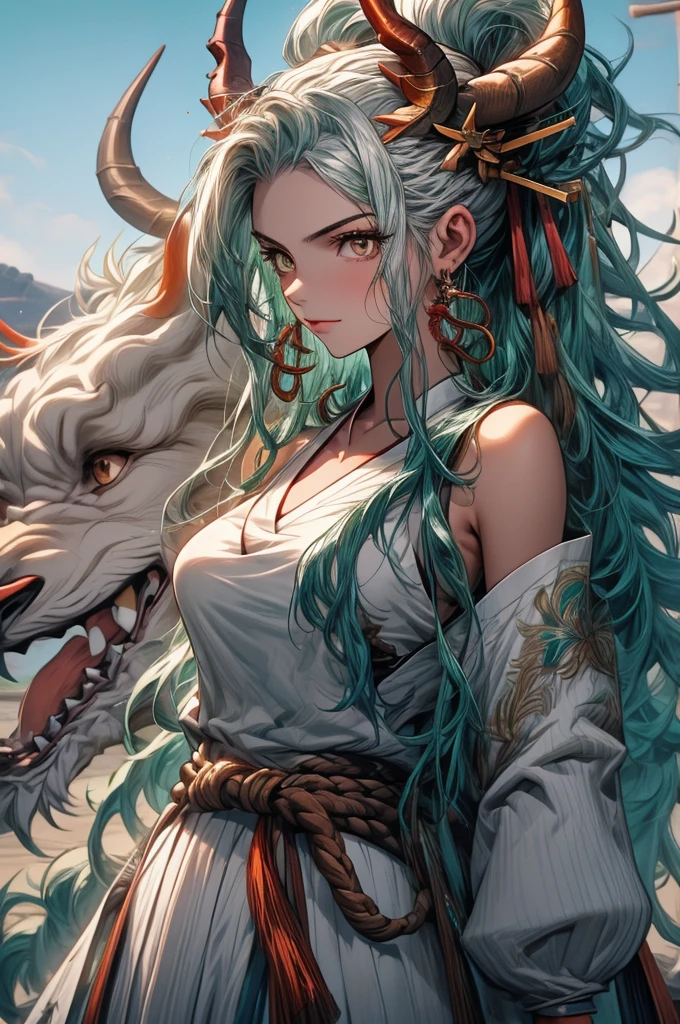 yamato, aqua hair, (brown eyes:1.5), curled horns, earrings, green hair, white hair, hair ornament, hair stick, high ponytail, horns, long hair, multicolored hair, multicolored horns, oni, red horns, shimenawa, sidelocks, v-shaped eyebrows, very long hair, best quality, masterpiece, 4k, absurd res, UHD, ultra-detailed, detailed eyes, detailed skin, detailed hair, detailed face, detailed fabric, (1 young beautiful girl, solo:1.1), (multicolored hair, long hair, white hair, aqua hair, two-tone hair, high ponytail, hair stick, hair ornament), (natural big breasts:1.2), (sideboob:1.2), (bare arms, bare shoulders, hakama, japanese clothes, rope, shimenawa, sideboob, sleeveless, sleeveless kimono), earrings, jewelry, (big eyes, brown eyes), collarbone, medium body ((hourglass shape)), sexy pose, smile, beach background, cowboy shot