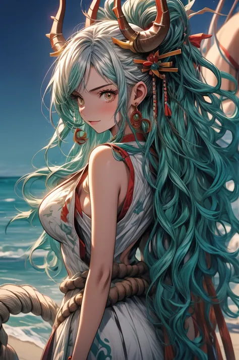 yamato, aqua hair, (brown eyes:1.5), curled horns, earrings, green hair, white hair, hair ornament, hair stick, high ponytail, h...