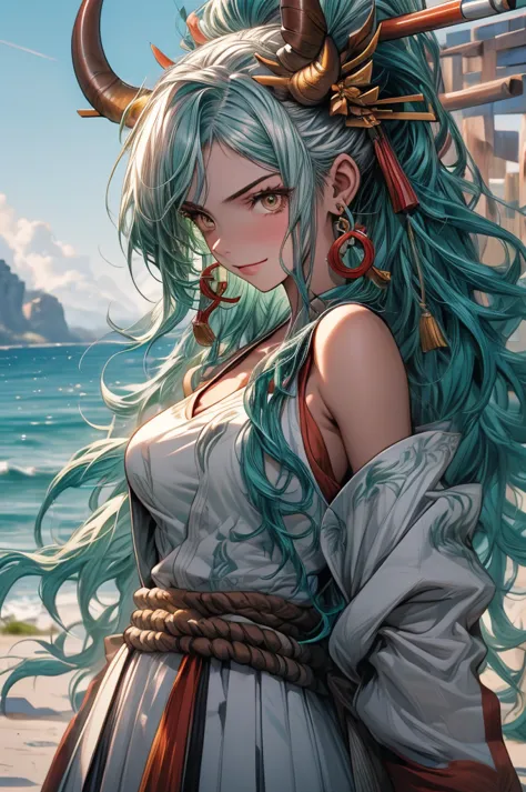 yamato, aqua hair, (brown eyes:1.5), curled horns, earrings, green hair, white hair, hair ornament, hair stick, high ponytail, h...