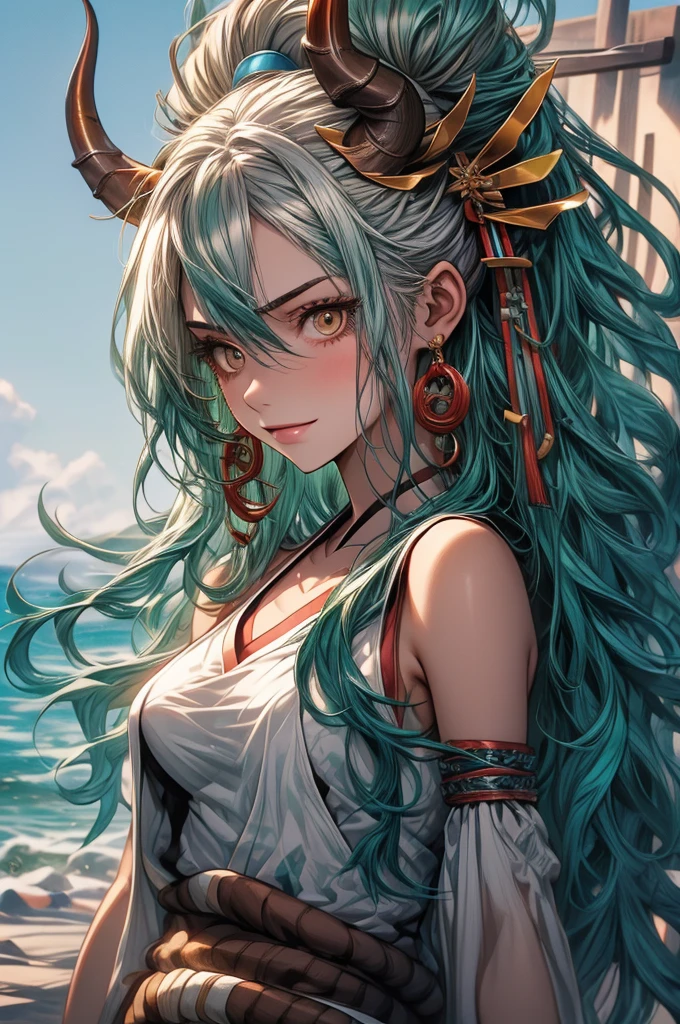 yamato, aqua hair, (brown eyes:1.5), curled horns, earrings, green hair, white hair, hair ornament, hair stick, high ponytail, horns, long hair, multicolored hair, multicolored horns, oni, red horns, shimenawa, sidelocks, v-shaped eyebrows, very long hair, best quality, masterpiece, 4k, absurd res, UHD, ultra-detailed, detailed eyes, detailed skin, detailed hair, detailed face, detailed fabric, (1 young beautiful girl, solo:1.1), (multicolored hair, long hair, white hair, aqua hair, two-tone hair, high ponytail, hair stick, hair ornament), (natural big breasts:1.2), (sideboob:1.2), (bare arms, bare shoulders, hakama, japanese clothes, rope, shimenawa, sideboob, sleeveless, sleeveless kimono), earrings, jewelry, (big eyes, brown eyes), collarbone, medium body ((hourglass shape)), sexy pose, smile, beach background, cowboy shot