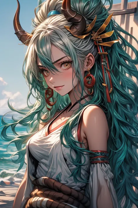 yamato, aqua hair, (brown eyes:1.5), curled horns, earrings, green hair, white hair, hair ornament, hair stick, high ponytail, h...