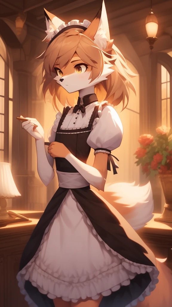 Best quality, Super detailed illustration, warm colors, perfect lighting, perfect detail, ( boy Fluffy fox:1.4) , feminine face and body, disheveled thick hair, maid clothes, confused look, femboy, small waist, wide hips, slim, perfect body, DND style