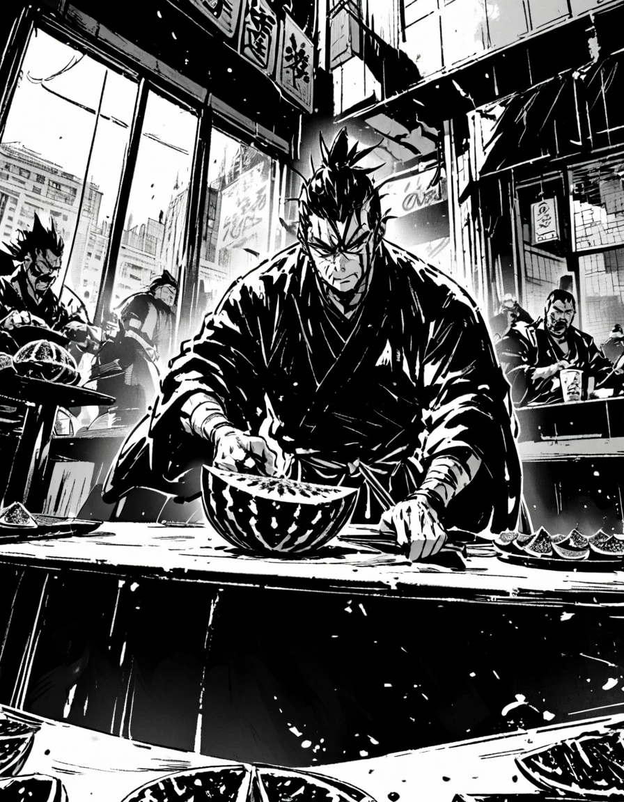 رجل ساموراي يقطع بطيخة في مطعم في مدينة كبيرة.
