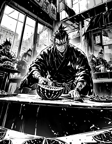 a samurai man cutting a watermelon in a restaurant in a big city.
