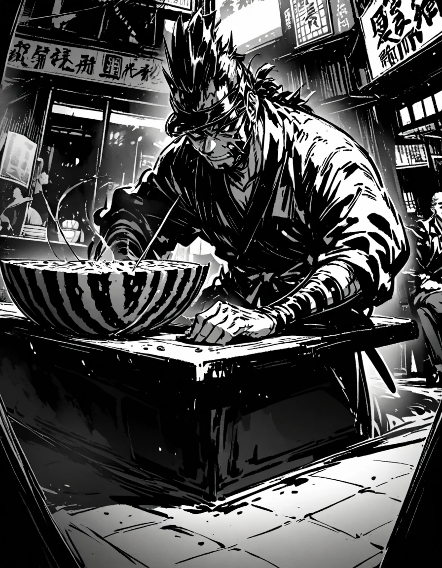 رجل ساموراي يقطع بطيخة في مطعم في مدينة كبيرة.
