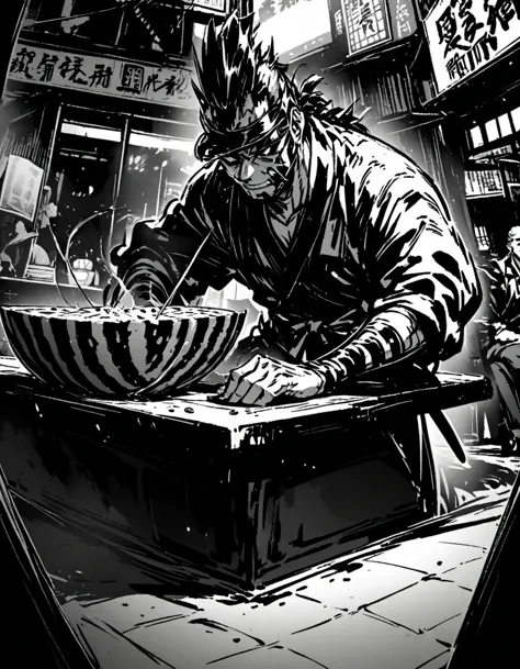 a samurai man cutting a watermelon in a restaurant in a big city.
