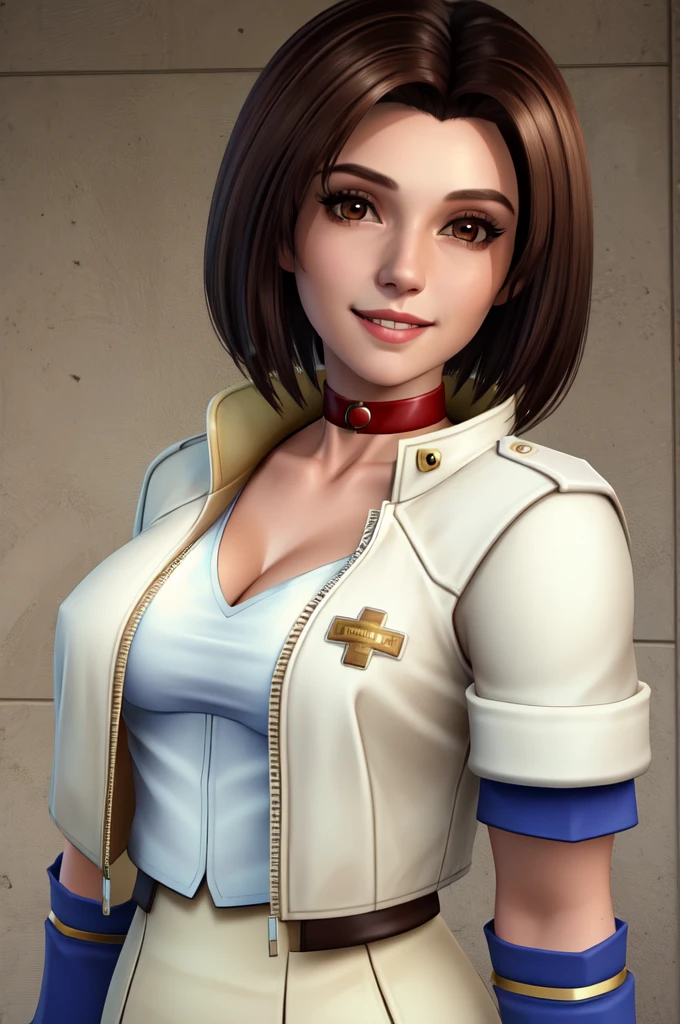 Alice.brown hair,short hair,brown eyes,cleavage,
choker,white, cropped jacket,jacket,gloves,skirt,
standing, upperbody, smile, 
hospital room. 
 (insanely detailed, beautiful detailed face, masterpiece, best quality) 
 