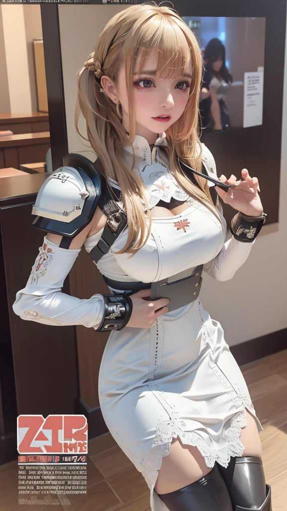 (dynamic fighting pose),(leather boots,(asymmetrical mecha armor),(long embroidered white lace dress,see through,lift up the hem of the dress)),(random hairstyle),(Thin type:1.8),(large breasts),(Highest image quality,(8K), Ultra-realistic, Best Quality, High quality, High Definition, high quality texture, high detailing, Beautiful detailed, fine detailed, extremely details CG, Detailed texture, realistic representation of face, masterpiece, presence)