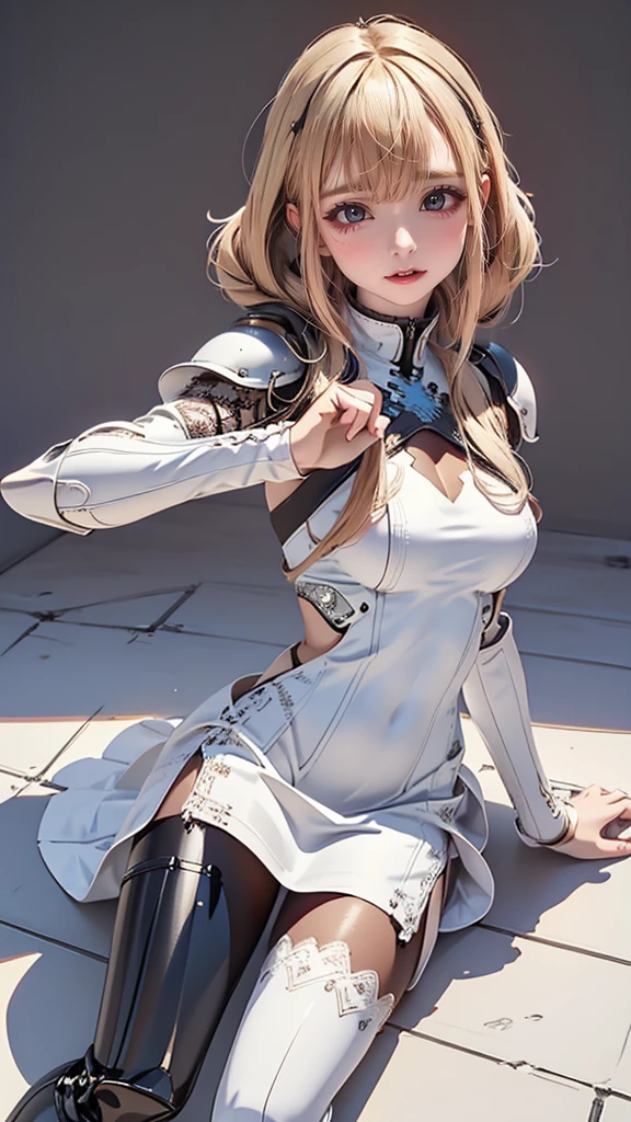 (dynamic fighting pose),(leather boots,(asymmetrical mecha armor),(long embroidered white lace dress,see through,lift up the hem of the dress)),(random hairstyle),(Thin type:1.8),(large breasts),(Highest image quality,(8K), Ultra-realistic, Best Quality, High quality, High Definition, high quality texture, high detailing, Beautiful detailed, fine detailed, extremely details CG, Detailed texture, realistic representation of face, masterpiece, presence)