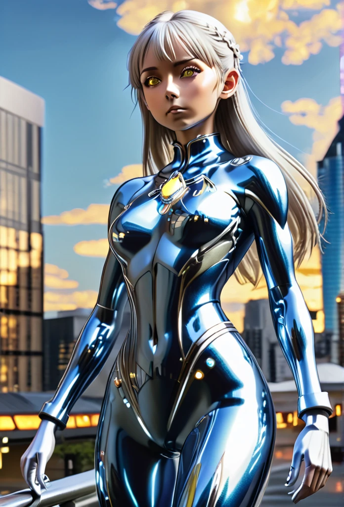 1girl, solo, anime style, 4k quality, masterpiece, best quality, ultra series, sword art online, lolita, , yui, long hair, blunt bangs, white hair, very long hair, high ponytail, pointy ears, elf, barefoot, ultragirl, robot, colored skin, glowing eyes, yellow eyes, flat chest, giantess, giant, metallic face, metallic skin, shiny skin, chrome skin, gem on chest, colour timer on chest, chest jewel, blue jewel, muscular, abs, muscular female, Female Bodybuilding Style, ultra beam ( a cross-shape or an L-shape with your arms and firing a beam from your upright arm), thick_thighs, looking at viewer, full body, serious face, closed mouth, standing, giantess, outdoor, city, citycape, skyscraper