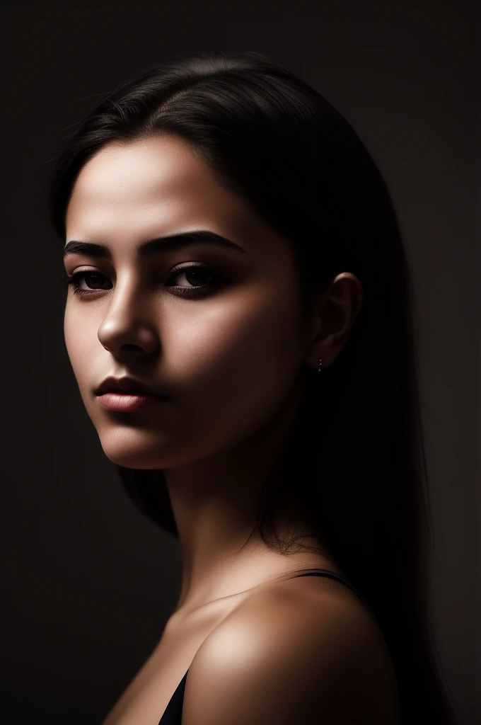 masterpiece portrait of a young woman MelikaForoutan01, profile pose,
sexy pudica pose gesture, looking at viewer chiaroscuro portrait,
matte painting portrait,
dark portrait,
standing in the middle of a black background,
elegant body structure, Two tone lighting, octane, unreal, to8 contrast style, 