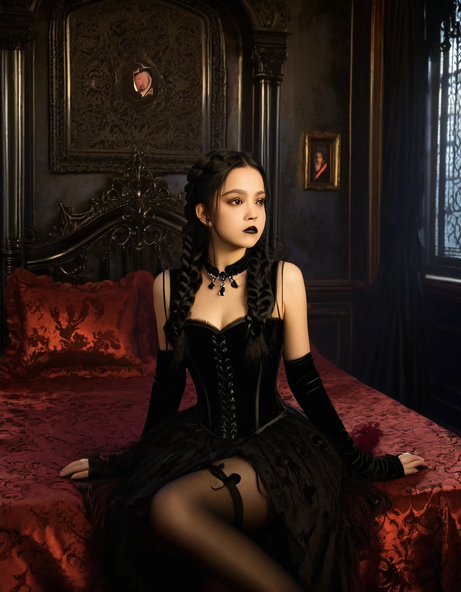 A young woman with long black hair styled in two braids and wears minimal makeup with dark eyeliner, black lipstick, sexy goth, Wednesday Addams (Jenna Ortega). Jenna Ortega as Wednesday Addams. The setting is a old Victorian bedroom with McCabe ornate decorations with a (Duotone {red and black]) silk bedspread. Painting on the wall of famous monsters taking a family photo. She is wearing black ornate fabric choker, black corset, black short feathered dress with black stockings. A peculiar, lifelike severed hand is placed on the bed next to her, adding an element of mystery. The lighting is eerie, coming from an unseen source, creating a since of mystery and intriguing atmosphere. Hyper realistic photo, vibrant colors, 16k.