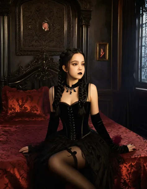 A young woman with long black hair styled in two braids and wears minimal makeup with dark eyeliner, black lipstick, sexy goth, ...