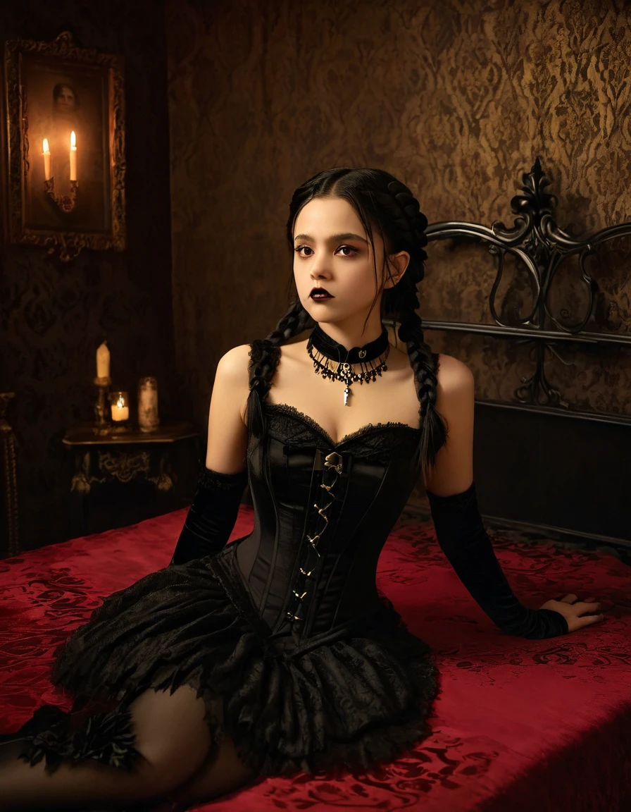 A young woman with long black hair styled in two braids and wears minimal makeup with dark eyeliner, black lipstick, sexy goth, Wednesday Addams (Jenna Ortega). Jenna Ortega as Wednesday Addams. The setting is a old Victorian bedroom with McCabe ornate decorations with a (Duotone {red and black]) silk bedspread. Painting on the wall of famous monsters taking a family photo. She is wearing black ornate fabric choker, black corset, black short feathered dress with black stockings. A peculiar, lifelike severed hand is placed on the bed next to her, adding an element of mystery. The lighting is eerie, coming from an unseen source, creating a since of mystery and intriguing atmosphere. Hyper realistic photo, vibrant colors, 16k.