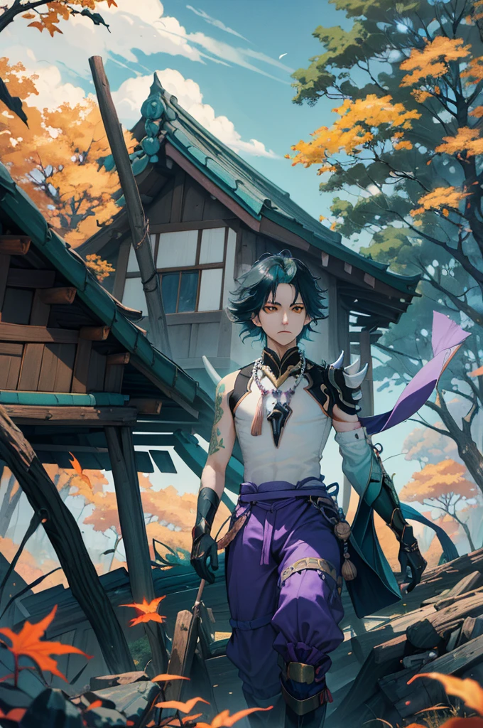 1 adult male solo,xiao \(genshin impact\), 1boy, male focus, short dark teal hair, yellow eyes, white sleeveless shirt, necklace, green tattoo on arm, detached white sleeve, black gloves, wide blue pants, black boots, pink and purple clothes details, black shoulder armor with spikes, outside, chinese mountains, yellow autumn trees, tree leaf falling, windy weather, dramatic light, movie poster style, cinematic shot, book cover, epic