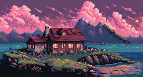 a cottage on a mountain, surrounded by ocean, flowers, pink clouds, dramatic, pastel colors, fireflies