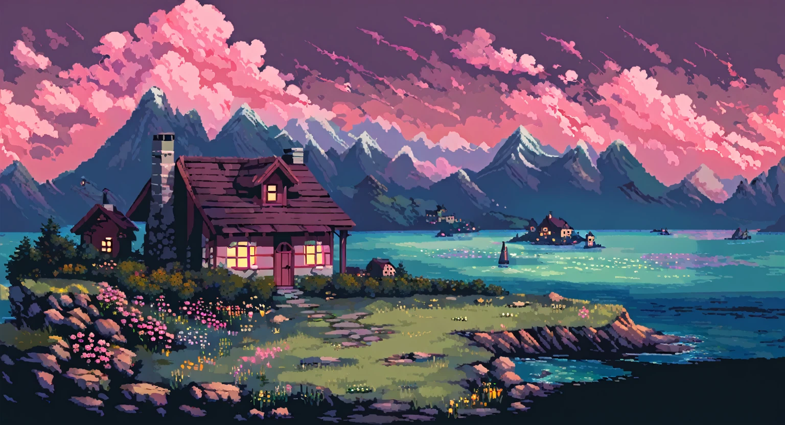 a cottage on a mountain, surrounded by ocean, flowers, pink clouds, dramatic, pastel colors, fireflies