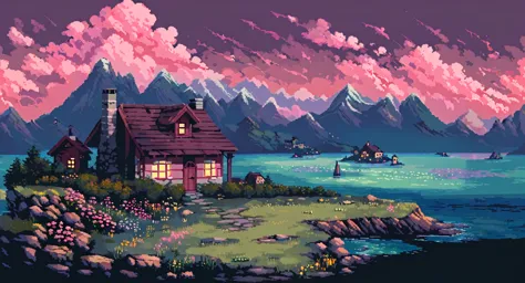 a cottage on a mountain, surrounded by ocean, flowers, pink clouds, dramatic, pastel colors, fireflies