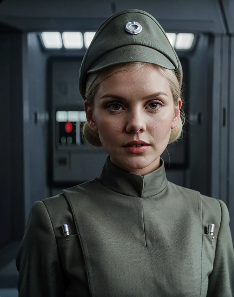 fashion photography of Elisha Cuthbert in olive gray imperialofficer uniform and hat with brim, hair in small tight bun, smooth pale white skin, haughty proud snob, pouty lips, buck teeth, sci-fi Death Star control room, sharp focus, dlsr, ultra sharp, professional Photographer, film grain, very detailed skin texture, photorealistic, no makeup