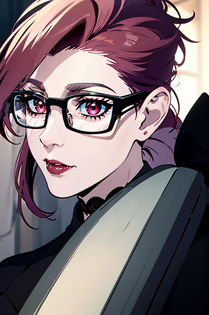 cel shading, detailed eyes, best quality, highly detailed, masterpiece, best quality, solo female, vampire woman, black square glasses, hair between eyes, long side locks, long dark red hair, detailed nose, red lipstick, hair in ponytail, ponytail, black choker, couple, astarion holding woman 