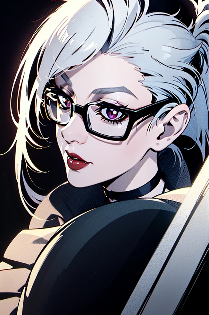 cel shading, detailed eyes, best quality, highly detailed, masterpiece, best quality, solo female, vampire woman, black square glasses, hair between eyes, long side locks, long dark red hair, detailed nose, red lipstick, hair in ponytail, ponytail, black choker, couple, astarion holding woman 