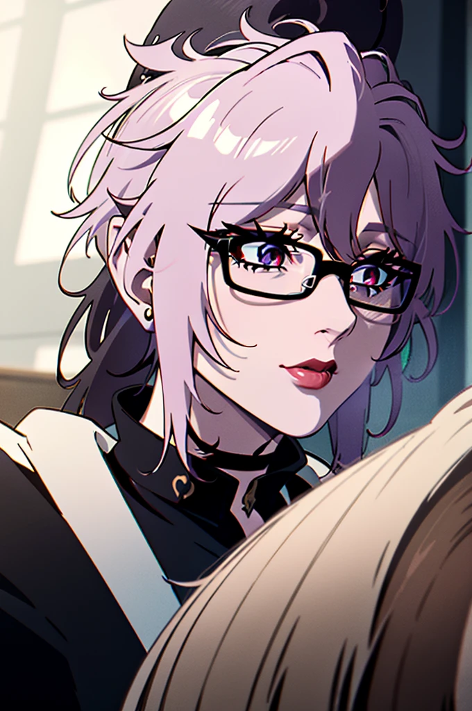 cel shading, detailed eyes, best quality, highly detailed, masterpiece, best quality, couple, black square glasses, hair between eyes, long side locks, long dark red hair, detailed nose, red lipstick, hair in ponytail, ponytail, black choker, couple, astarion holding woman 