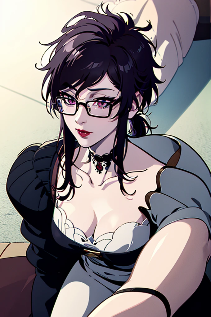 cel shading, detailed eyes, best quality, highly detailed, masterpiece, best quality, couple, black square glasses, hair between eyes, long side locks, long dark red hair, detailed nose, red lipstick, hair in ponytail, ponytail, black choker, couple, astarion holding woman 