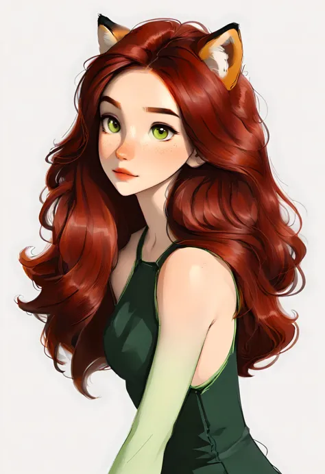 Full-length portrait of a humanoid fox, long hair, dark red hair color, olhos na cor verde, White background, webtoon style