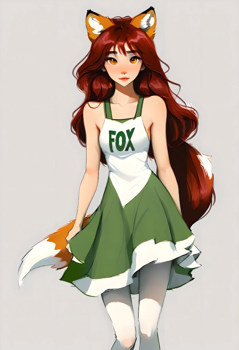 人形狐狸的全身肖像, 長髮, 深紅色髮色, 綠眼睛, 白色背景, 網路漫畫風格
