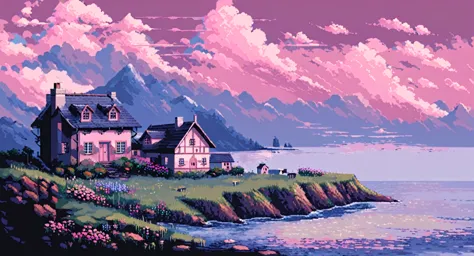 a cottage on a mountain, surrounded by ocean, flowers, clouds, dramatic, pastel colors, rainy day, pink tones