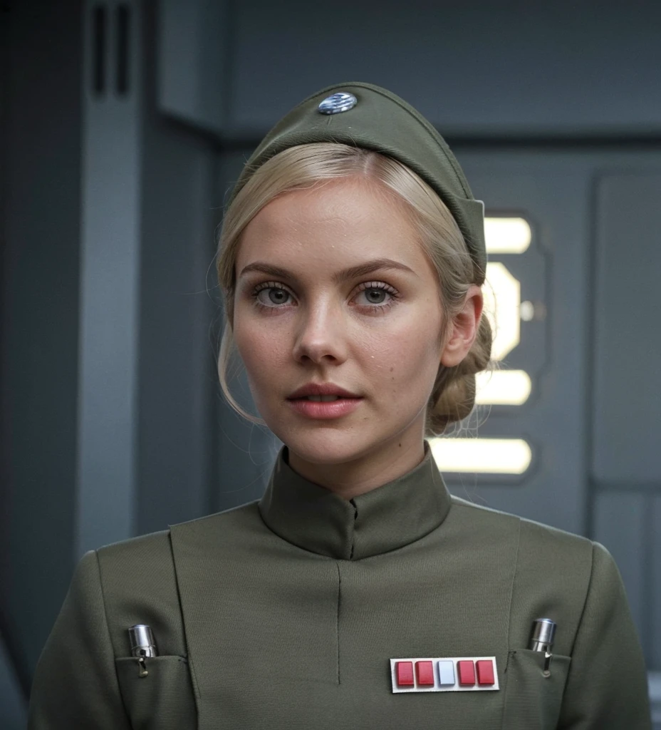 fashion photography of young teenage 16 year old Elisha Cuthbert in olive gray imperialofficer uniform and hat with brim, rank plaque insignia, hair in small tight bun, smooth pale white skin, haughty proud snob, pouty lips, buck teeth, sci-fi Death Star control room, sharp focus, dlsr, ultra sharp, professional Photographer, film grain, very detailed skin texture, photorealistic, no makeup