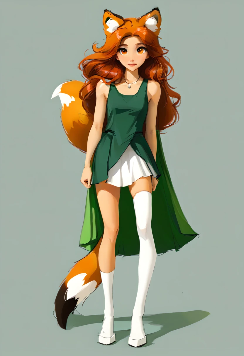 Full-length portrait of a very cute humanoid fox, with a tail, ear, and fox face, dark orange fox fur, long hair, dark red hair color, olhos na cor verde, wearing white tank top, green skirt and a green cape long to the knees, White background, webtoon style