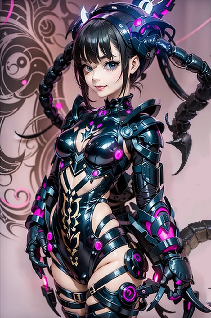 Hermosa niña fusionada con un escorpión. (alta calidad) vestido gótico. traje de cuerpo. estilo cibernético. Patrón de circuito. Armadura biológica. Sonrisa intrépida.