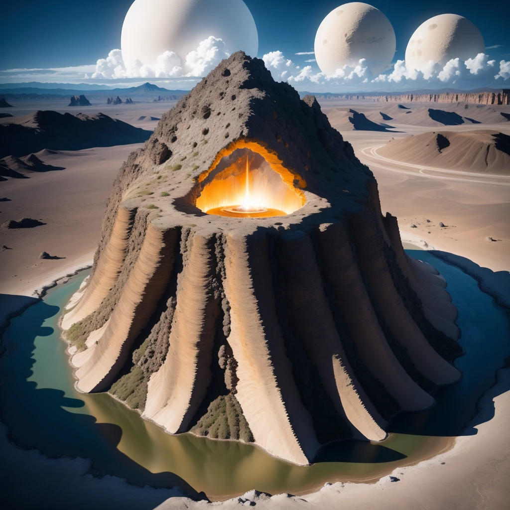 Alien base (Very detailed) In the mountainous desert，There are several exhaust fans and chimneys, Some spotlights come out of the base to illuminate dark placetreme nights), Some clouds in the night sky, Some of the surrounding planets provide air to unknown planets，The farthest giant volcano  erupting