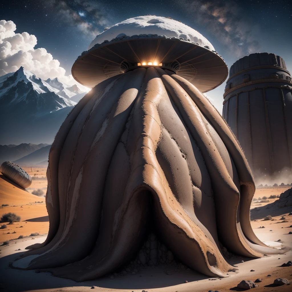 Alien base (Very detailed) In the mountainous desert，There are several exhaust fans and chimneys, Some spotlights come out of the base to illuminate dark placetreme nights), Some clouds in the night sky, Some of the surrounding planets provide air to unknown planets，The farthest giant volcano  erupting