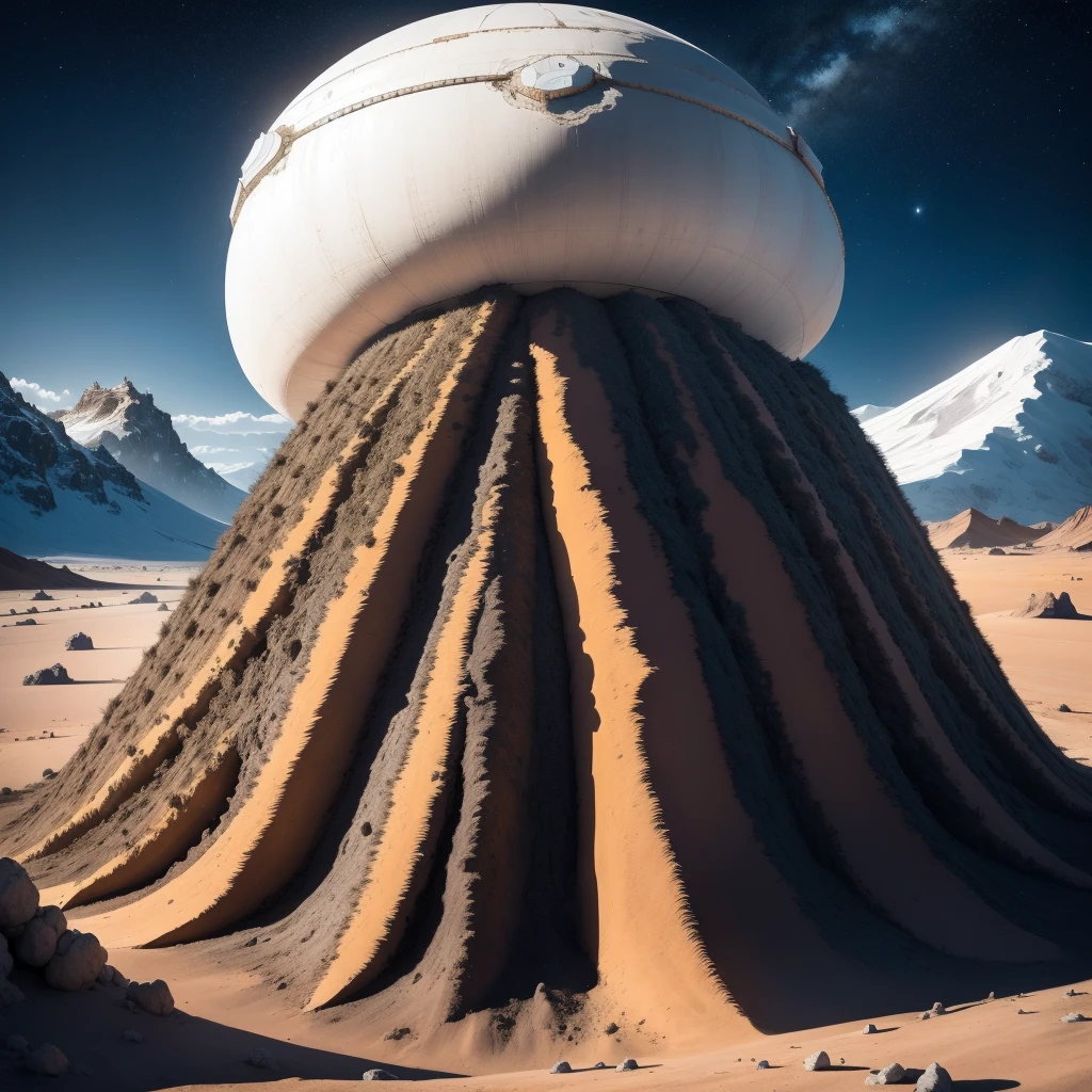 Alien base (Very detailed) In the mountainous desert，There are several exhaust fans and chimneys, Some spotlights come out of the base to illuminate dark placetreme nights), Some clouds in the night sky, Some of the surrounding planets provide air to unknown planets，The farthest giant volcano  erupting