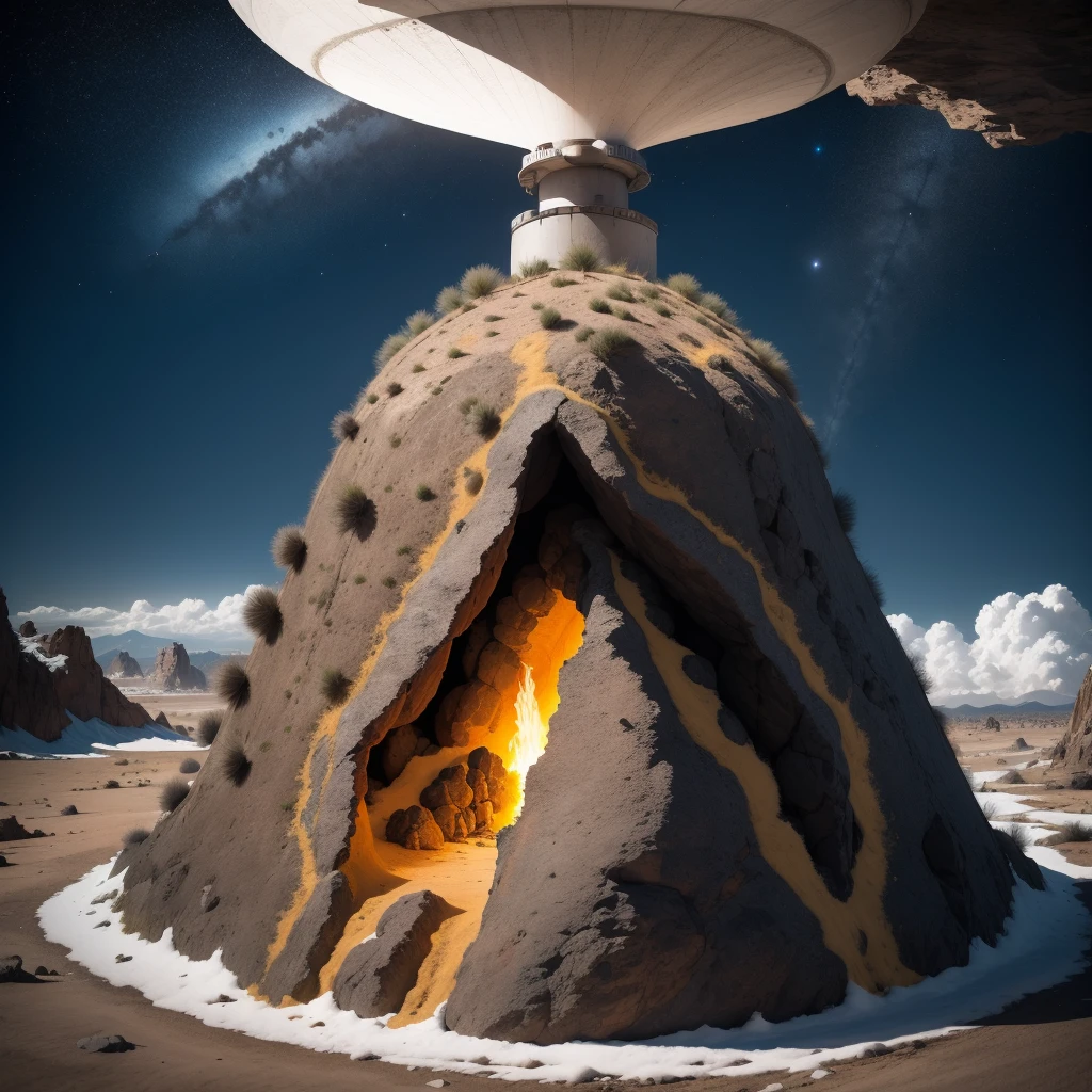 Alien base (Very detailed) In the mountainous desert，There are several exhaust fans and chimneys, Some spotlights come out of the base to illuminate dark placetreme nights), Some clouds in the night sky, Some of the surrounding planets provide air to unknown planets，The farthest giant volcano  erupting