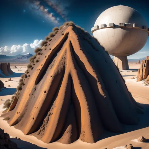Alien base (Very detailed) In the mountainous desert，There are several exhaust fans and chimneys, Some spotlights come out of th...