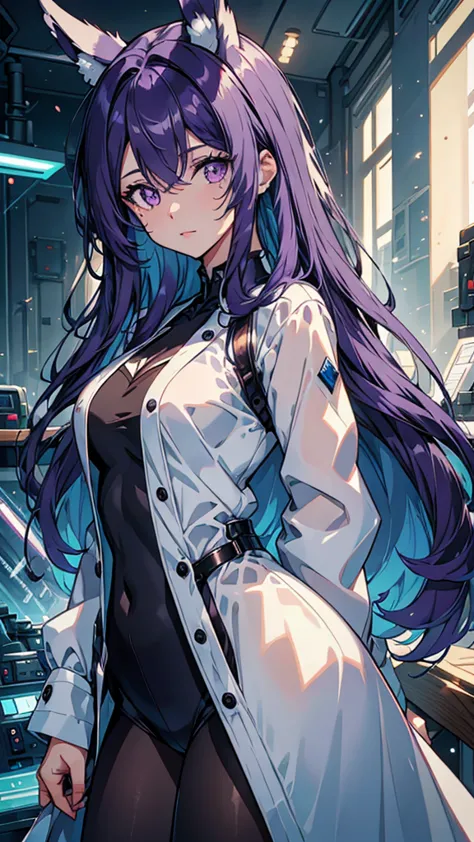 woman;
cientist;
white labcoat;
black blouse;
mid breasts;
purple eyes;
cabelo roxo;
orelhas de coelho;

tem orelhas de coelho