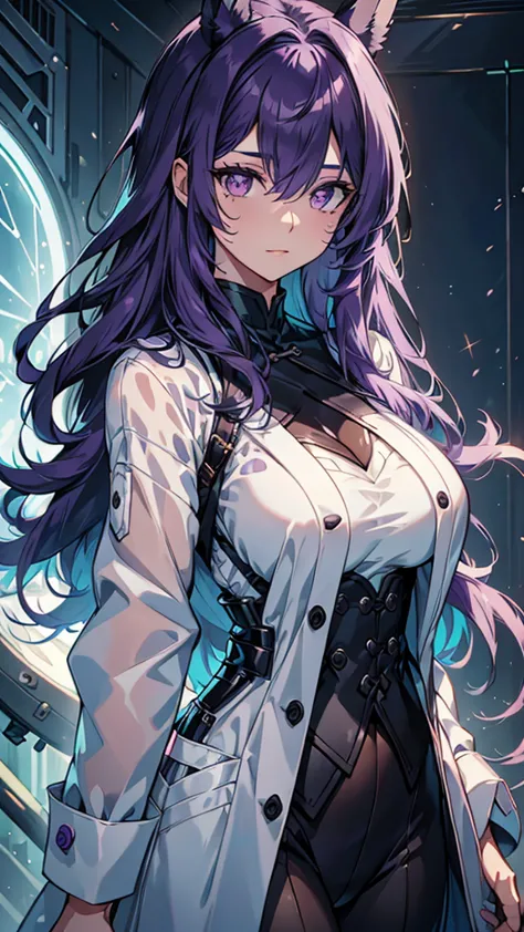 woman;
cientist;
white labcoat;
black blouse;
mid breasts;
purple eyes;
cabelo roxo;
orelhas de coelho;

tem orelhas de coelho