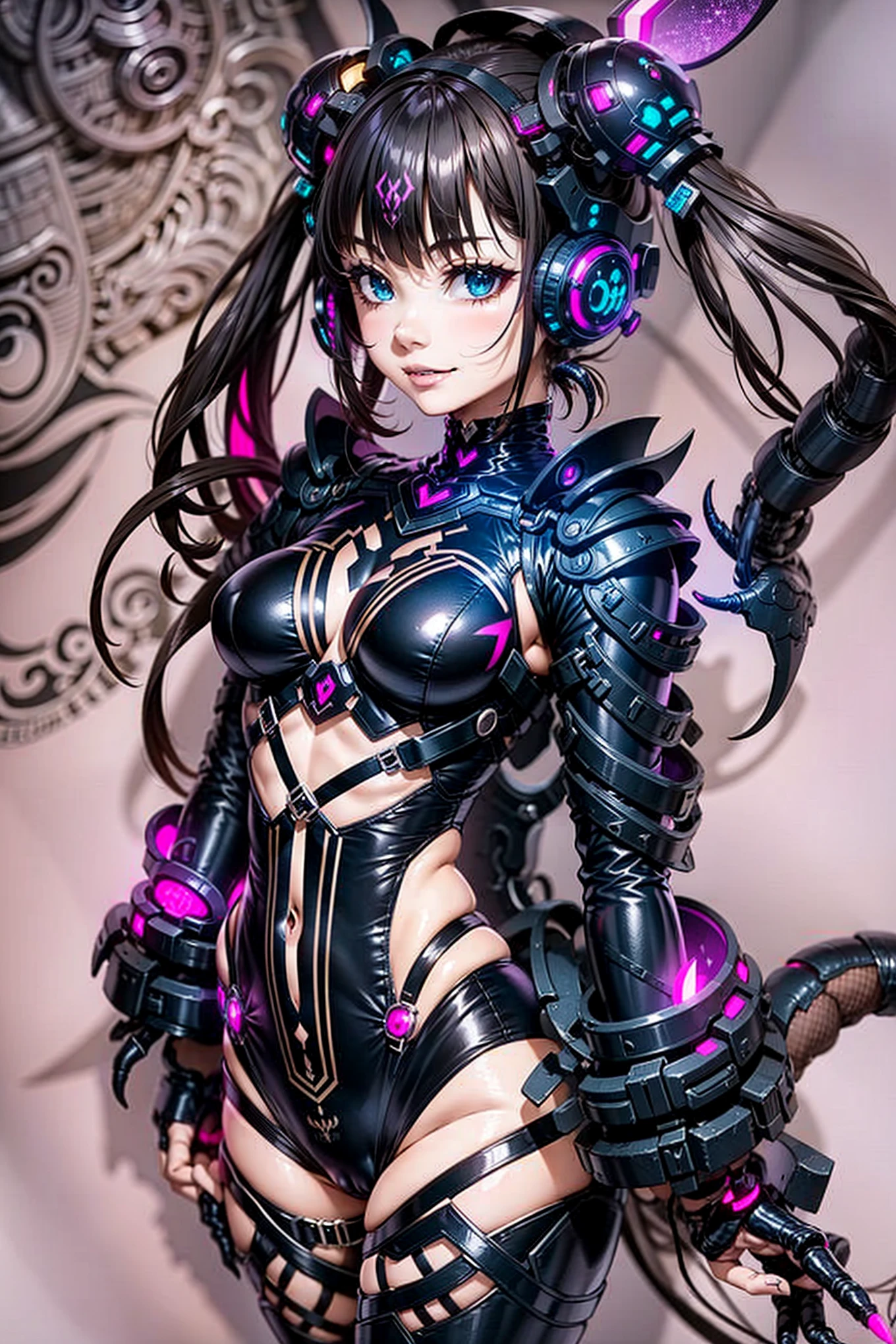 Beautiful girl fused with a scorpion. (High quality) gothic dress. body suit. cyber style. Circuit pattern. Biological Armor. fearless smile.
