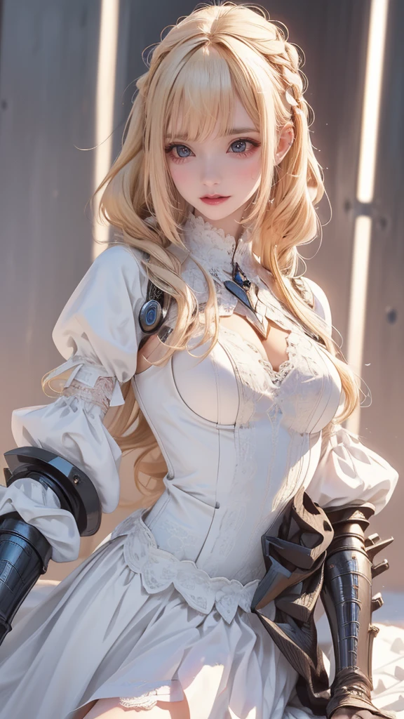 (dynamic fighting pose),(leather boots,(asymmetrical mecha armor),(long embroidered white lace dress,see through,lift up the hem of the dress)),(random hairstyle),(Thin type:1.8),(large breasts),(Highest image quality,(8K), Ultra-realistic, Best Quality, High quality, High Definition, high quality texture, high detailing, Beautiful detailed, fine detailed, extremely details CG, Detailed texture, realistic representation of face, masterpiece, presence)