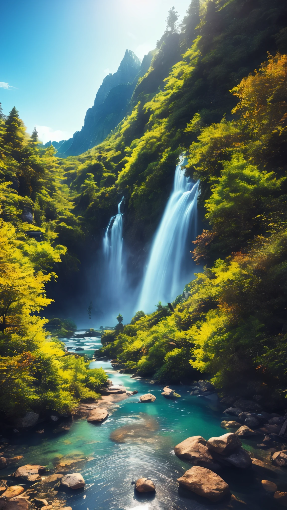 masterpiece, 最high quality, high quality, Very detailed CG Unity 8k wallpaper, landscape, Outdoor, zero, cloud, zero, No humans, Mountain, landscape, water, wood, 青zero, waterfall, cliff, nature, lake, river , 曇りzero, Award-winning photography, bokeh, Depth of written boundary, HDR, Bloom, chromatic aberration, Photorealism, Very detailed, Trending on artstation, Trending on CGsociety, complicated, High detail, dramatic, Mid-Journey Art　With realistic high definition images，