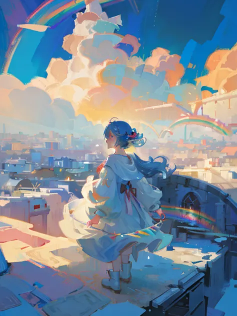 (Need)), ((Masterpiece)), (A detailed),RAINBOW,Blue sky and white clouds background，Rainbow detail,Blue sky rainbow，ethereal rai...