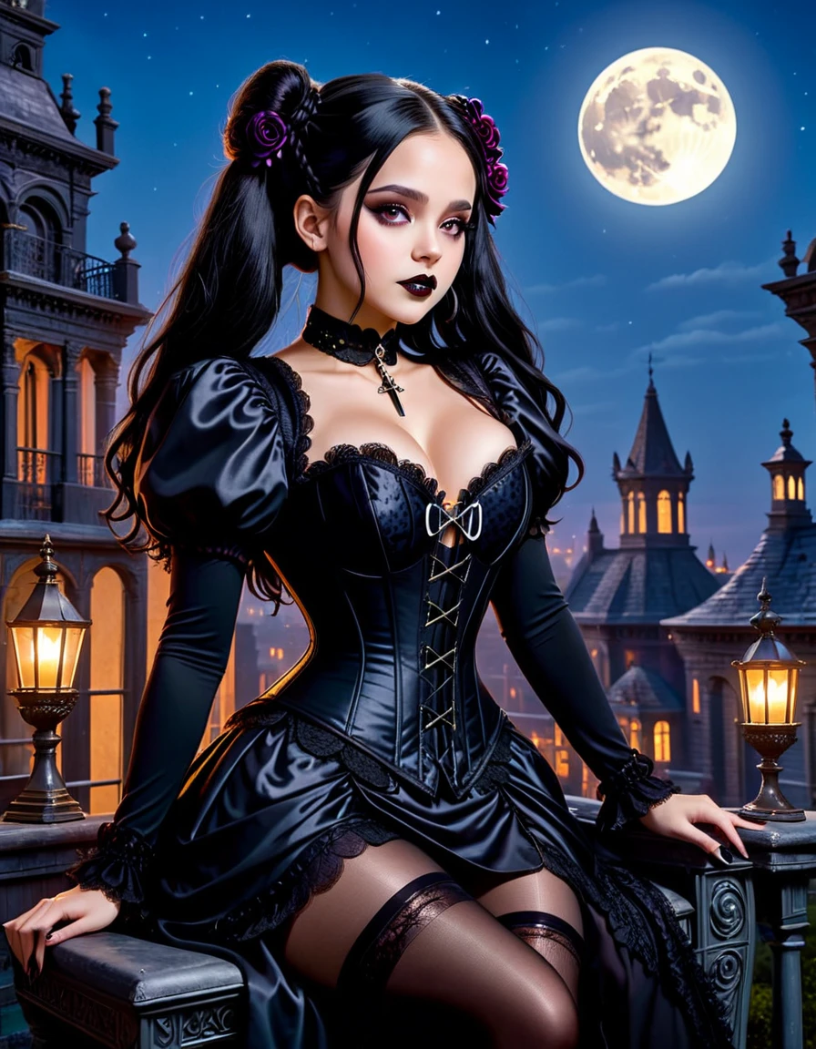 A young woman with long black hair styled in two braids and wears minimal makeup with dark eyeliner, black lipstick, sexy goth, Wednesday Addams (Jenna Ortega). Jenna Ortega as Wednesday Addams.  The setting is on the roof top of an old decaying mansion at midnight with a big bright full moon in the background. Wednesday is sitting in an old luxury ornate high back chair playing a large cello. She is wearing black ornate fabric choker, black corset, black short feathered dress with black stockings. A peculiar, lifelike severed hand is on her shoulder, adding an element of mystery. The lighting is eerie, coming from an unseen source, creating a since of mystery and intriguing atmosphere. Hyper realistic photo, vibrant colors, 16k.