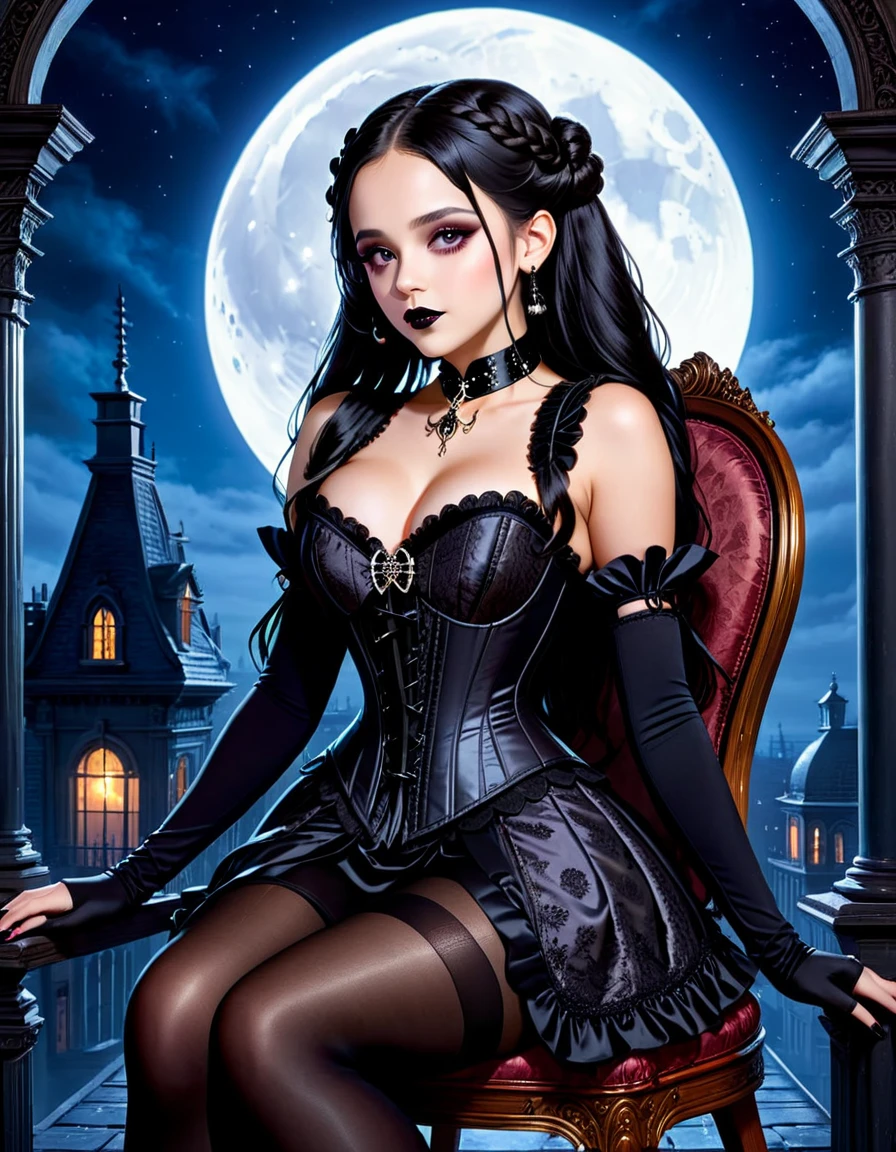 Eine junge Frau mit langen schwarzen Haaren, die zu zwei Zöpfen gestylt sind und nur wenig Make-up mit dunklem Eyeliner tragen, schwarzer Lippenstift, sexy Gothic-Stil, Mittwoch Addams (Jenna Ortega). Jenna Ortega as Mittwoch Addams.  Die Kulisse ist auf dem Dach eines alten, verfallenen Herrenhauses um Mitternacht mit einem großen, hellen Vollmond im Hintergrund.. Wednesday sitzt in einem alten, luxuriösen, reich verzierten Sessel mit hoher Rückenlehne und spielt ein großes Cello. Sie trägt ein schwarzes, verziertes Halsband aus Stoff, schwarzes Korsett, schwarzes kurzes Federkleid mit schwarzen Strümpfen. Ein besonderer, lebensechte abgetrennte Hand liegt auf ihrer Schulter, ein mysteriöses Element hinzufügen. Die Beleuchtung ist unheimlich, aus einer unsichtbaren Quelle, Schaffen einer geheimnisvollen und faszinierenden Atmosphäre. hyperrealistisches Foto, leuchtende Farben, 16k.