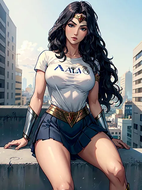 wonder woman, ((wearing a white Real Madrid tshirt)), (pretty face:1.2), (finely detailed face and beautiful eyes), mature femal...