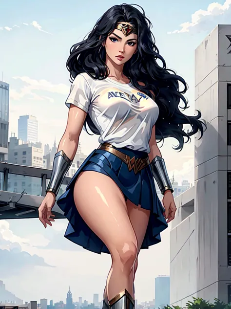 wonder woman, ((wearing a white real madrid tshirt)), (pretty face:1.2), (finely detailed face and beautiful eyes), mature femal...